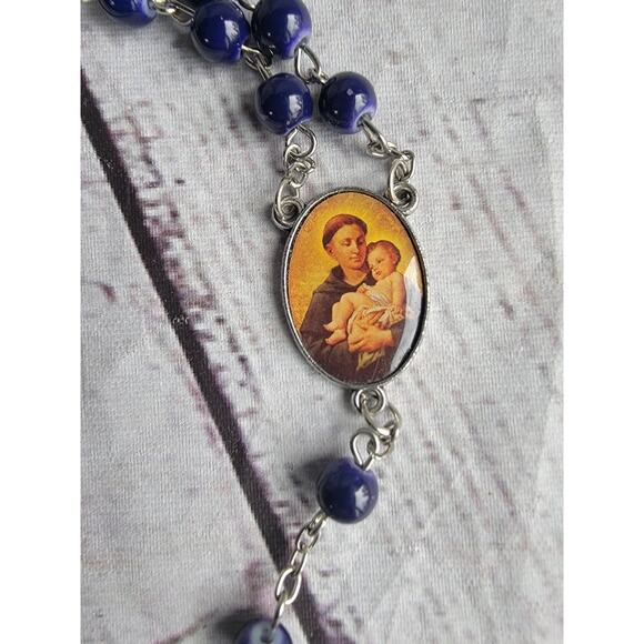 Vintage Blue Glass Silver Tone Rosary Infant Christ St Anthony prayer Beads - Picture 3 of 9